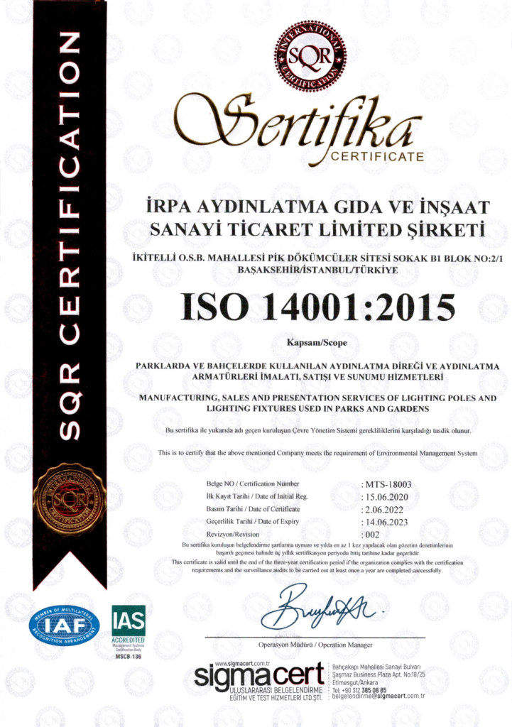 irpa Aydınlatma-iso 14001:2015 kalite sertifikası